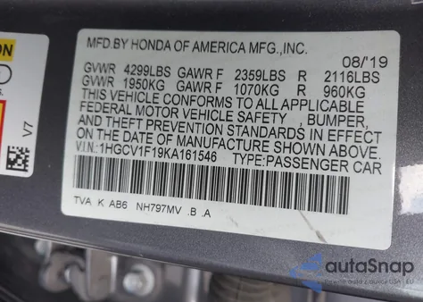 2019 Honda Accord Lx 1.5T из США, поврежденный, VIN 1HGCV1F19KA161546